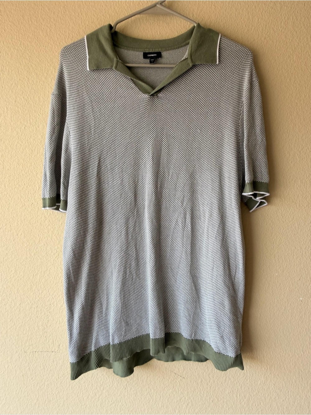 Express Men's Light Gray Knit Polo with Olive Trim